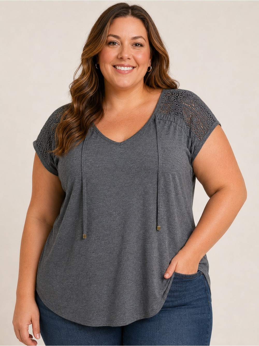 Lily Morgan 1X Gray Lace Yoke V-Neck Top | Plus Size
